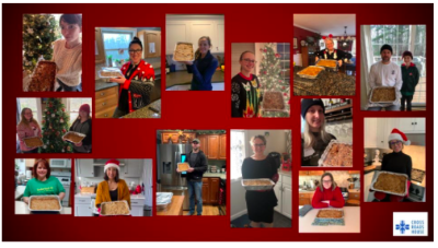 Timberland volunteers show off the apple crisps they baked individually, but while together on a Zoom call, that were donated to Cross Roads House, a local transitional housing shelter. This volunteer project was part of the brand’s annual Mingle Jingle holiday celebration and service event that went virtual this year.