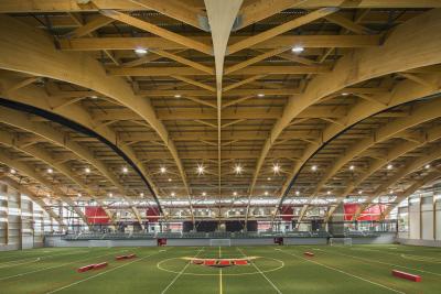 Stade Telus is a 97,000-square foot sports facility at Laval University in Quebec City, Canada. Partnering with Nordic Structures, Henkel’s adhesive is used in the mass timber applications. This material choice resulted in approximately 1,500 fewer tons of CO2 being emitted during construction.