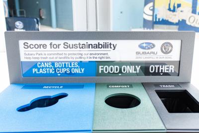 Subaru Park aims to become the first MLS Zero Landfill stadium where no waste is sent to a landfill. Subaru of America and the Philadelphia Union are encouraging fans to help keep waste out of landfills by placing their trash in the corresponding bin.