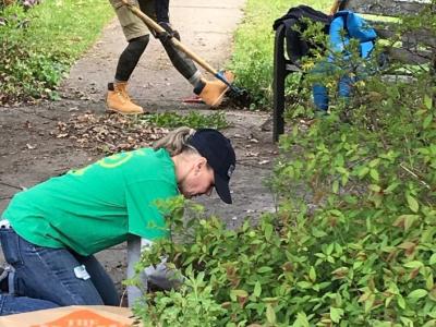 Timberland Employees work at Betty's Dream in Portsmouth as part of Earth Day activities Thursday. (Nancy Bassett) photo courtesy Patch New Hampshire website