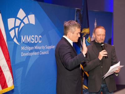 On Feb. 7, 2020, Oakland County Executive David Coulter (right) swore in FCA North America Head of Purchasing and Supply Chain Management Scott Thiele (left) as Chairman of the Board for the Michigan Minority Supplier Development Council (MMSDC) for the next two years, leading the group’s efforts to advance opportunities for minority-owned businesses.