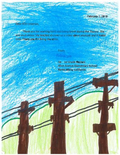 Second-grader Johnson's drawing to thank the SCE linemen who helped restore power during the Thomas Fire. Credit: Courtesy of Alvin Avenue Elementary School