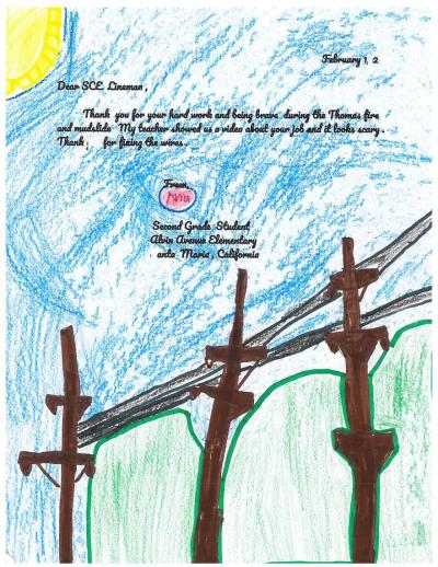 Second-grader Avia's drawing to thank the SCE linemen who helped restore power during the Thomas Fire. Credit: Courtesy of Alvin Avenue Elementary School