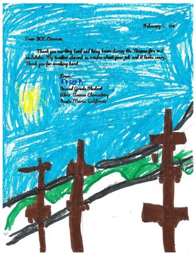 Second-grader Joseph's drawing to thank the SCE linemen who helped restore power during the Thomas Fire. Credit: Courtesy of Alvin Avenue Elementary School