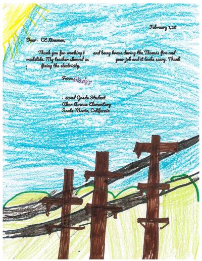 Second-grader Gladys' drawing to thank the SCE linemen who helped restore power during the Thomas Fire. Credit: Courtesy of Alvin Avenue Elementary School
