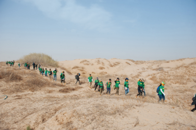 Timberland volunteers hiked back through the desert after planting 650 trees in celebration of Earth Day, Since 2001, Timberland has partnered with Green Network to plant trees in the desert to minimize sandstorms, improve air quality, and stop the spread of the desert.