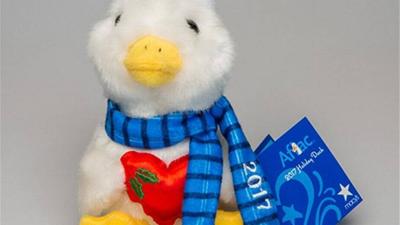 This is the Aflac Holiday Duck for 2017, with the colorful creature showing off a major-league heart this year. The holiday duck campaign was launched in 2001, with more than $3 million raised from sales since then. -- Image from Aflac