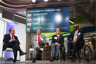 Future of Adaptive Technologies Panel. Pictured (from left to right): Dr. Kevin Vigilante (Chief Medical Officer, Booz Allen Hamilton), Joe Verrengia (Global Director of Social Responsibility, Arrow Electronics), Dr. Rory Cooper (Founding Director and VA Senior Research Career Scientist, Human Engineering Research Laboratories), and Sherman Gillums, Jr (Executive Director, Paralyzed Veterans of America).