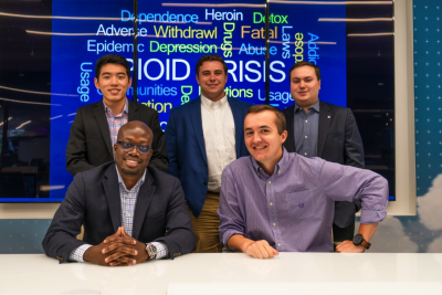 Natural Language Processing to Assess Public Perception team. Pictured: Front row: Jeremiah Akinbohun and Luke Wheeler. Back row: Aaron Kang, Zack Toussaint, and Alan Severinovsky. (Photo provided by: Maurice D. Owens, Jr.)