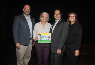 LG USA launched a new initiative in the Englewood and Englewood Cliffs public school districts to help teachers equip students with the tools and confidence they need for a productive, positive future by living mindful lives that will alleviate stress. LtoR Michael Pepperman, Manager, Corporate Social Responsibility and Community Relations; Laurie Grossman, Inner Explorer Director of Social Justice & Educational Equity; Robert Kravitz, Superintendent of Schools Administrator Englewood Public School District; Denise V. Tighe, Esq. Director of Human Resources Englewood Public School District.