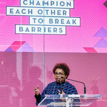 Marva Smalls, Executive Vice President of Public Affairs, and Chief of Staff for the Nickelodeon Group and Executive Vice President of Global Inclusion Strategy for Viacom, speaking at the HERE luncheon.