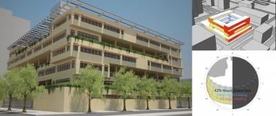 Computational Design methods were used by Built Ecology for a high-performance design competition to inform the design of a net-zero energy design municipal building. Scripts automatically calculated the optimal shading for each window of the building based on solar angle, contextual shading and energy impact. The project won first place and fan favorite.