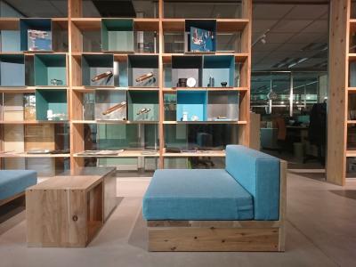 Polished concrete floors meets indoor fixtures and furniture made from Forest Stewardship Council (FSC) certified cypress.