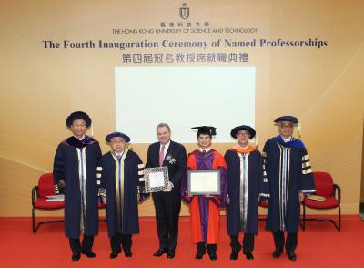 Professor Charles Ng (third from right) at the Fourth Inauguration Ceremony of Named Professorships held by the Hong Kong University of Science and Technology. Also present are Mr Richard Lancaster, Chief Executive Officer of CLP Holdings (third from left), HKUST Council Chairman Mr Andrew Liao Cheung-sing (second from left), HKUST Council Vice-Chairman Professor John Chai Yat-chiu (far left), HKUST President Professor Tony F Chan (second from right) and HKUST Executive Vice-President & Provost Professor Shyy Wei (far right).