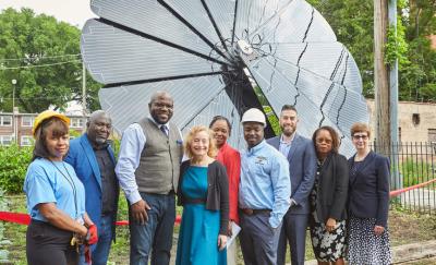 Mohawk Group was honored to collaborate with different partners for the recent unveiling of our solar energy program’s first smartflower installation, including Groundswell, Chicago-based Elevate Energy and site host TRC (The Renaissance Collaborative).