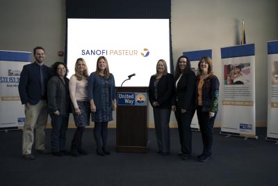 Members of Sanofi Pasteur’s campaign team presented their results on Thursday, January 18th, pictured left to right, Michael Albert, president and CEO for United Way of Monroe County, Ellyn Schindler, director, North America Corporate Social Responsibility, Kathy Schwartz, deputy director, Customer Experience, Pam Reincke, manager, Marketing & Sales Incentive Compensation, Jennifer Kinsley, deputy director, Clinical Program Management & Business Support, Stephanie Posse, deputy director, Reliability Engineering, and Monica Cravotta, vice president, development and programs, United Way of Monroe County.