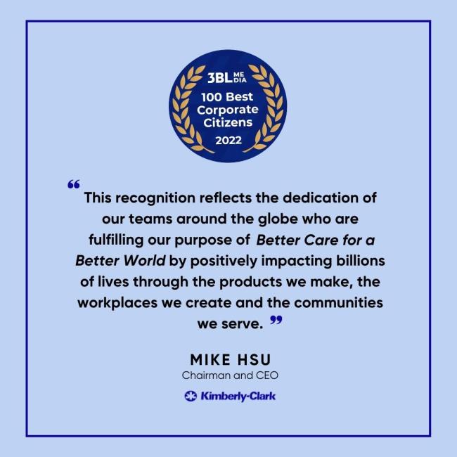 3BL 100 Best Corporate Citizens 2022 logo "This recognition reflects the dedication of our teams around the globe who are fulfilling our purpose of Better Care for a Better World by positively impacting billions of lives through the products we make, the workplaces we create and the communities we serve" Mike Hsu Chairman and CEO of Kimberly Clark