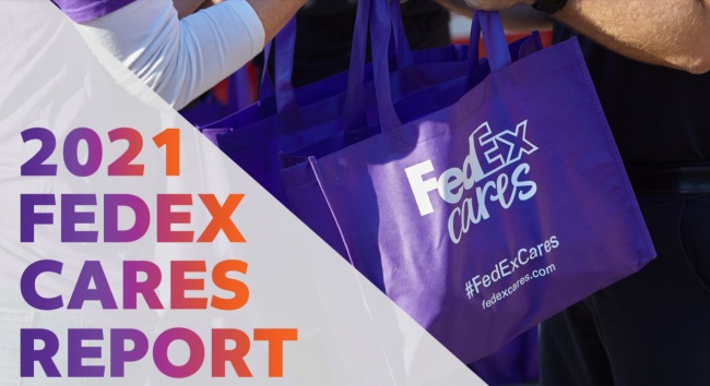 2021 FedEx Cares Report in the left corner. Two people holding FedEx Cares Bags