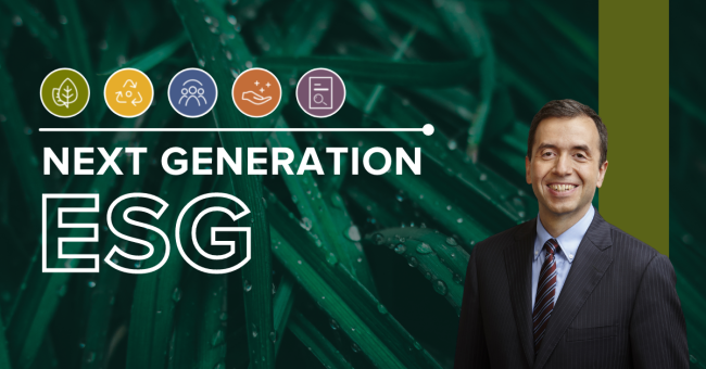 Peter Iliopoulos, SVP, Taxation, Sustainability, and Governmental Affairs at Gildan. Graphic reads: NEXT GENERATION ESG