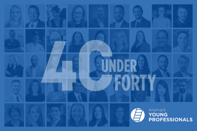42 Aramark headshots with blue overlay. Text reading, “40 Under 40” and “Aramark Young Professionals”