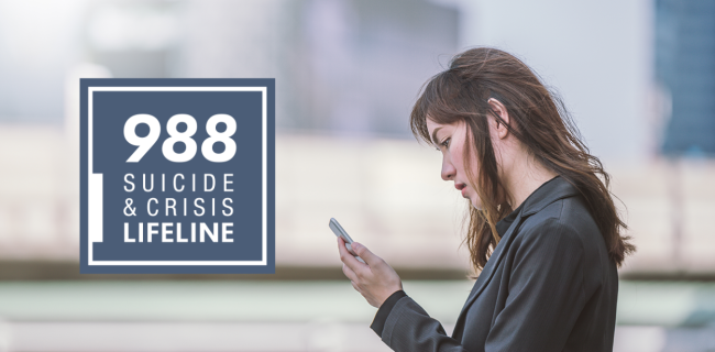 person looking at a phone, the 988 "suicide & crisis lifeline" logo on the left