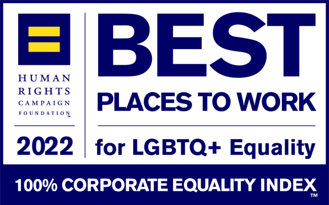 "Human Rights Campaign Foundation 2022, Best Places to Work for LGBTQ+ Equality, 100% Corporate Equality Index"