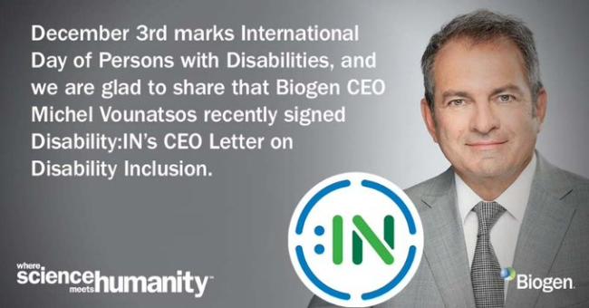 Biogen CEO quote card observing International Day of Persons with Disabilities