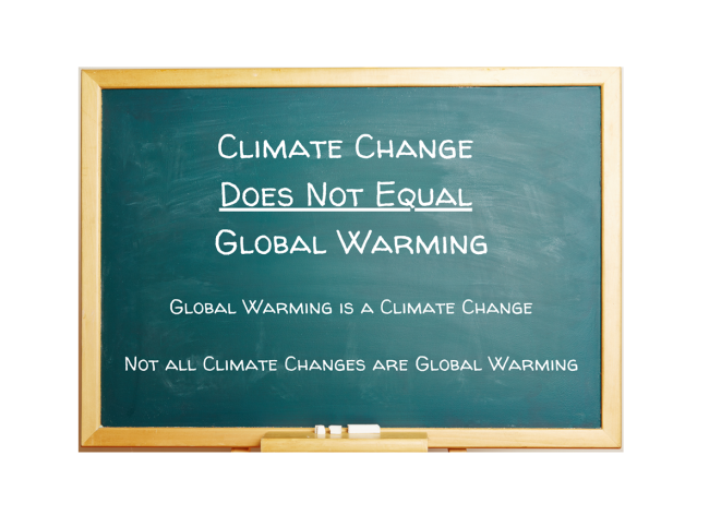 Chalkboard reading, "CLIMATE CHANGE DOES NOT EQUAL GLOBAL WARMING"