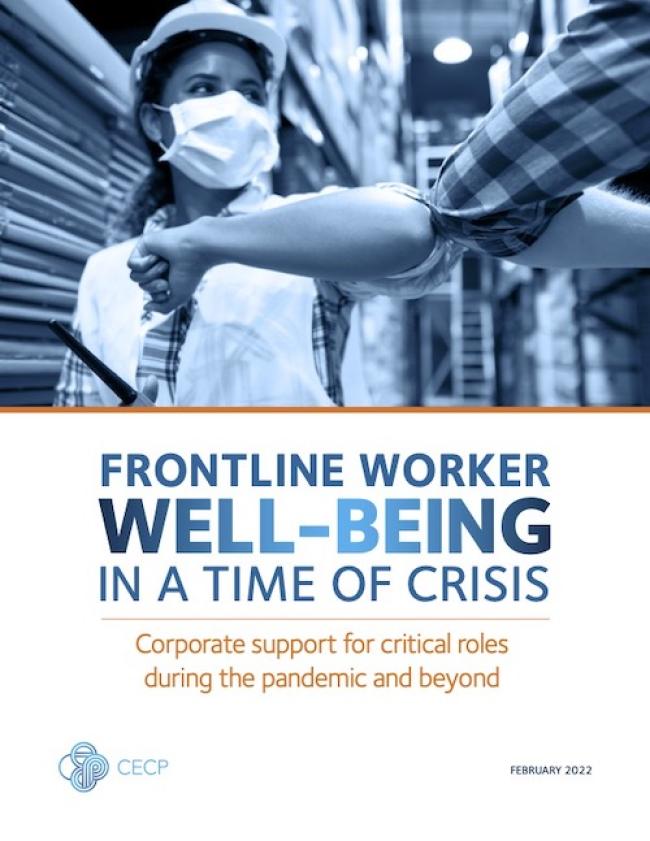 Frontline Worker Well-Being In A Time OF Crisis; Corporate support for critical roles during the pandemic and beyond. CECP Logo. Female worker, masked, gives an elbow skake to another worker.