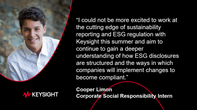 Cooper Limon and quote "I could not be more excited to work at the cutting edge of sustainability reporting and ESG regulation with Keysight..."