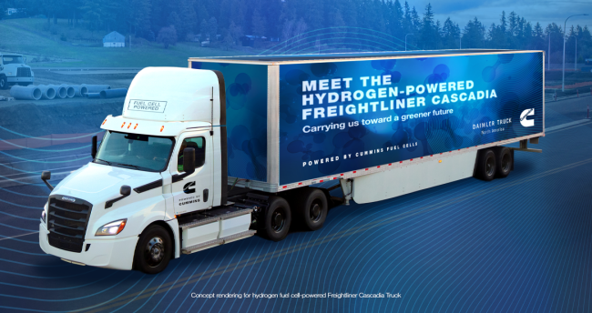 truck with side reading "Meet the Hydrogen-Powered Freightliner Cascadia"