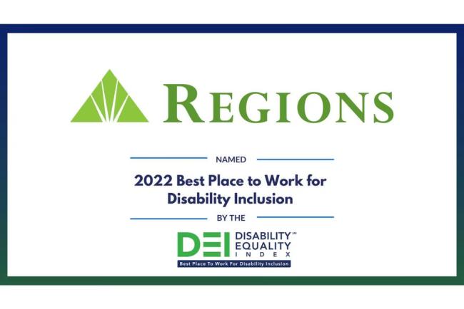 Regions and logo, Award, 2022 best place to work for disability inclusion by the DEI