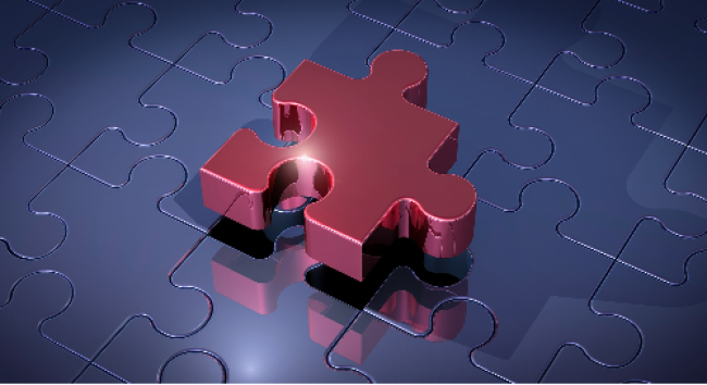 Red puzzle piece shown on a blue jigsaw puzzle.
