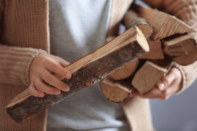 A person holding chopped wood