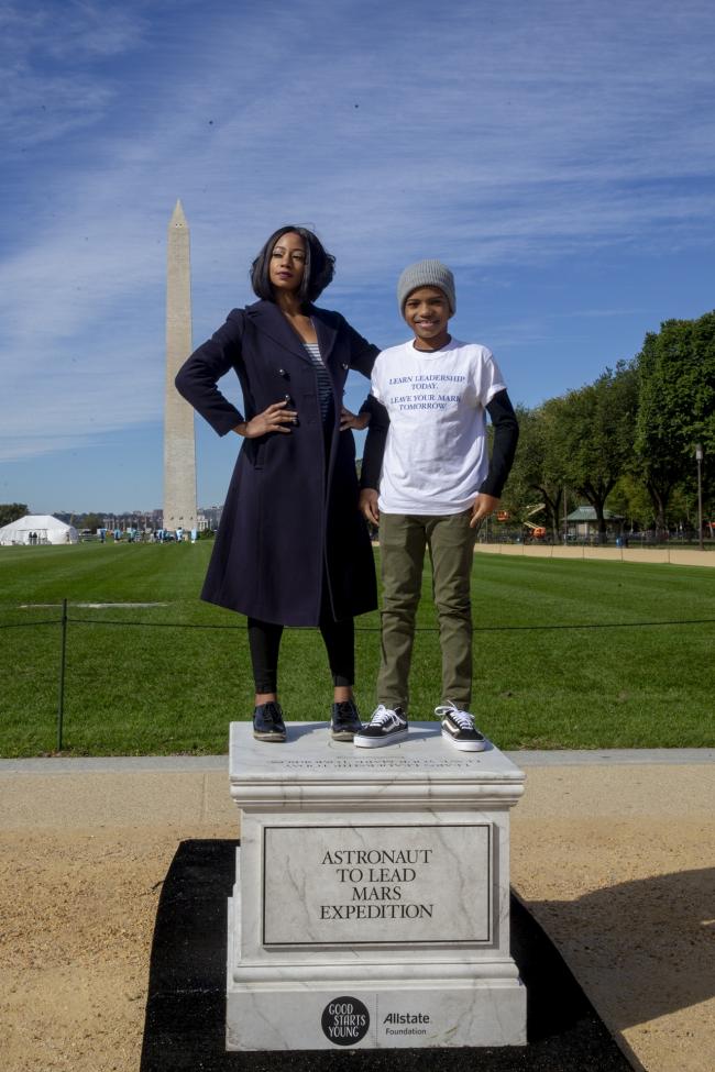 Actress and Allstate Foundation Good Starts Young ambassador Monique Coleman and actor Lonnie Chavis invited future leaders to step onto pedestals with aspirational inscriptions, encouraging youth to develop critical social and emotional learning (SEL) skills today to become leaders tomorrow at National Mall on October 17, 2018 in Washington, DC. (Photo by Tasos Katopodis/Getty Images for Allstate Foundation Good Starts Young)