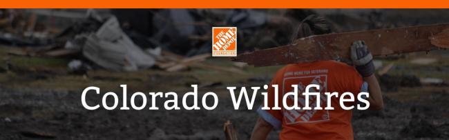 The Home Depot Foundation logo. "Colorado Wildfires", Female home depot volunteer carrying a piece of wood.