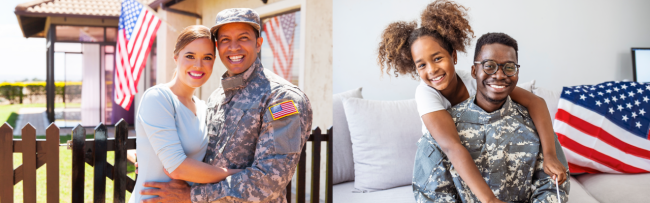 Two military families: Man and woman outside with an American flag behind them. Man and a woman inside with a flag folded. Both men are wearing camouflage uniforms. 