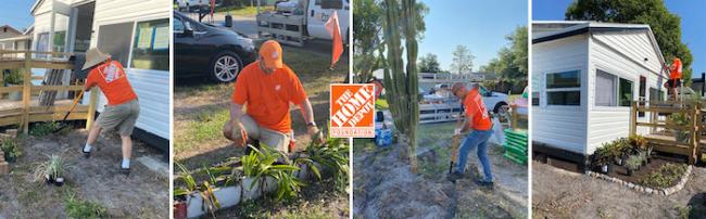 Photo montage of Home Depot volunteers performing gardening, painting, raking and planting.