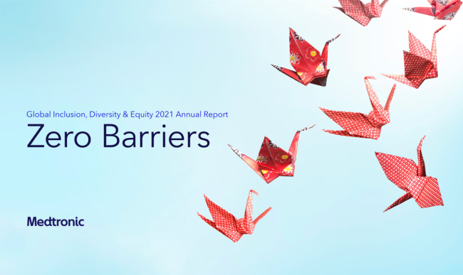 "Zero Barriers" with Medtronic logo and red paper cranes