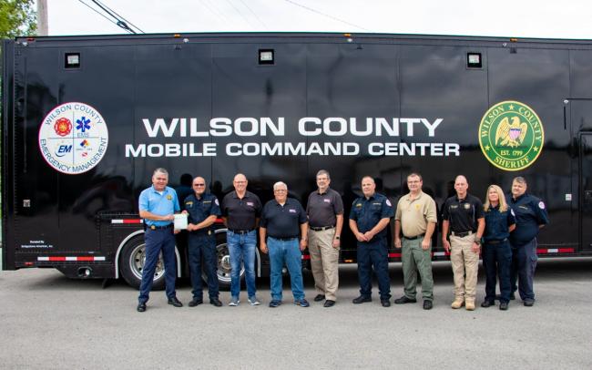 Pictured from left to right: Wilson County Sheriff, Robert Bryan Wilson County EMA Director/Chief, Joey Cooper Glenn McLea, Bridgestone Americas Chuck Tarver, Bridgestone Americas Jim Goffos, Bridgestone Americas Wilson County EMA Fire Chief Jeremy Hobbs Wilson County Sheriff's Office Assistant Chief Lance Howell Wilson County Sheriff's Office Chief Deputy Mike Owen Wilson County EMA Training Chief Shannon Cooper Wilson County EMA Logistics Chief Marty Heckman