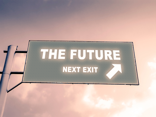 image of a sign that reads: The future, Next exit
