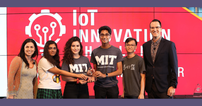 Pictured: Marie Hattar, Senior Vice President and Chief Marketing Officer at Keysight, and Daniel Bogdanoff award first prize in the 2019 Keysight Innovation Challenge to Gabriella Garcia and her colleagues from MIT.