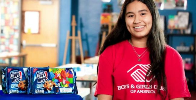 Girl with Boys & Girls Clubs of America limited edition Chips Ahoy! cookie packaging