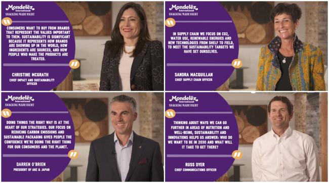 Collage of quote cards from leaders at Mondelez sharing their thoughts on Sustainability 