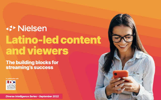 Person looking at a cell phone. On the left Nielsen logo and "Latino-led content and viewers. The building blocks for streaming's success"