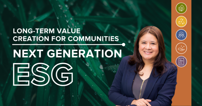 Claudia Sandoval, Vice-President of Corporate Citizenship at Gildan pictured with text that reads: Long-term Value creation for Communities. Next Generation ESG