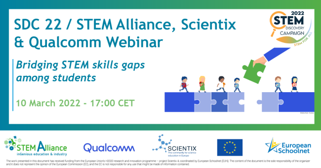 Graphic that says, "STEM Alliance, Scientix & Qualcomm Webinar: Bridging STEM gaps among students"