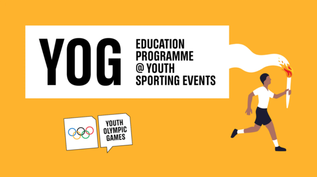 Illustration of an athlete carrying torch with a banner that reads, "YOG: Education Programme @ Yourth Sporting Events." 
