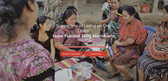 Several women sitting together with a text overlay reading, "Supporters of Living On One Dollar have funded 1600 microloans"