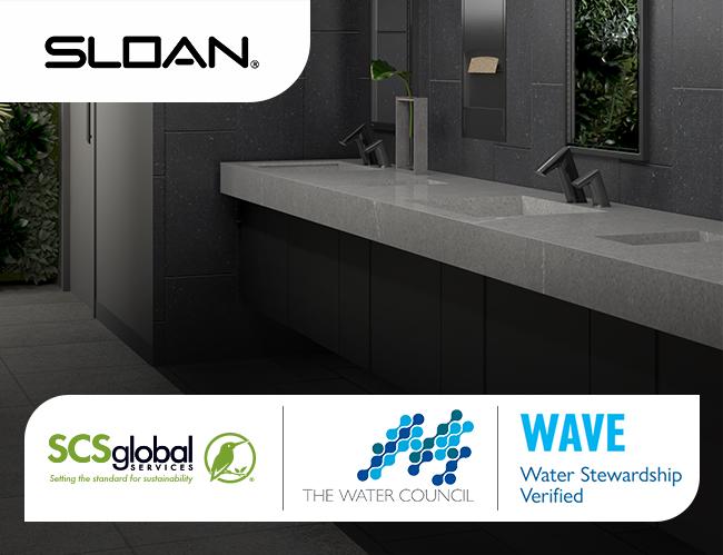 Sloan Inaugurates The Water Council's Water Stewardship Program, WAVE logos for Sloan, SCS Global, The Water Council, and WAVE superimposed on image of sink